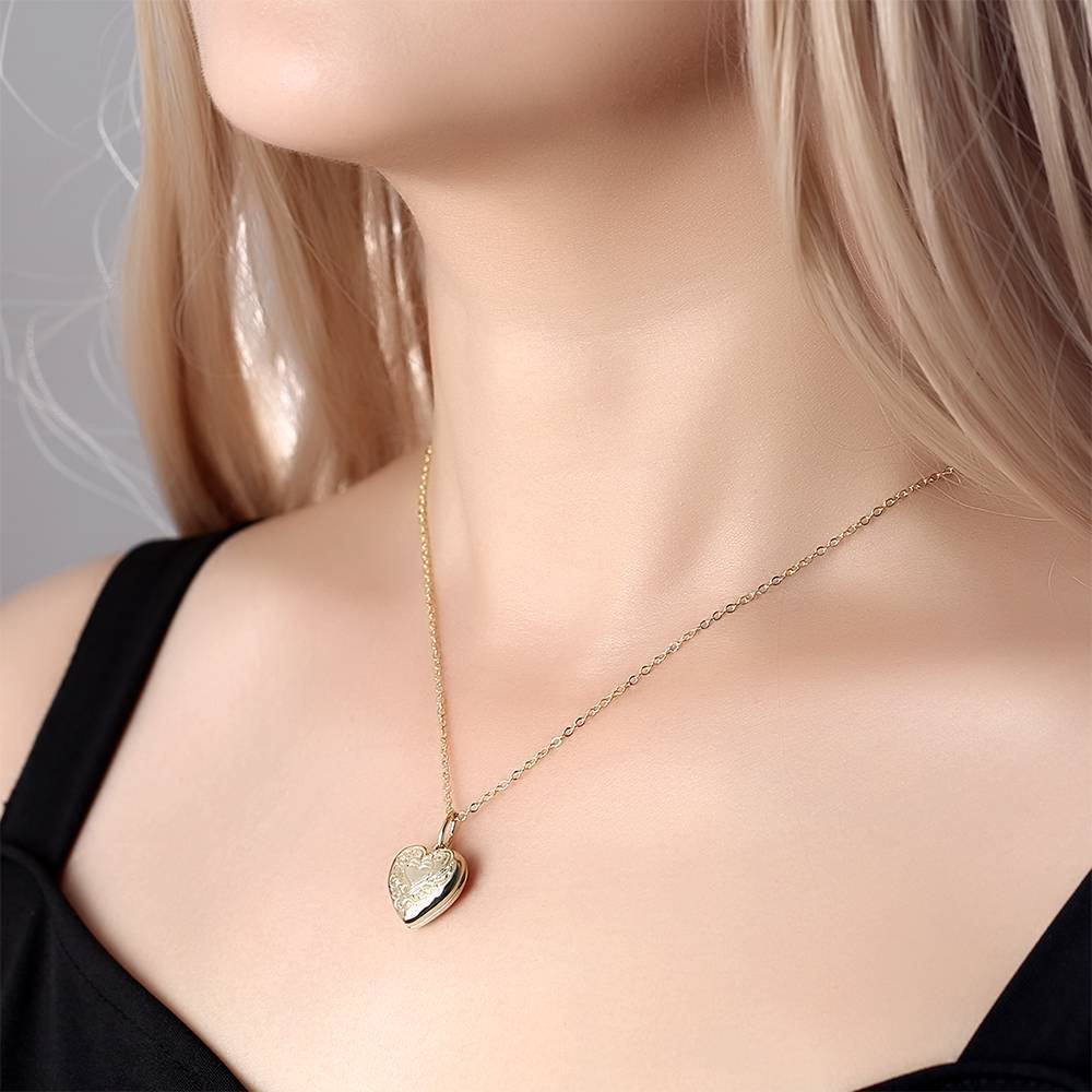 Custom Photo Heart Locket Gold Necklace with Engraving