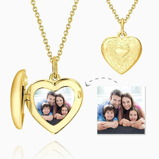 Custom Photo Heart Locket Gold Necklace with Engraving