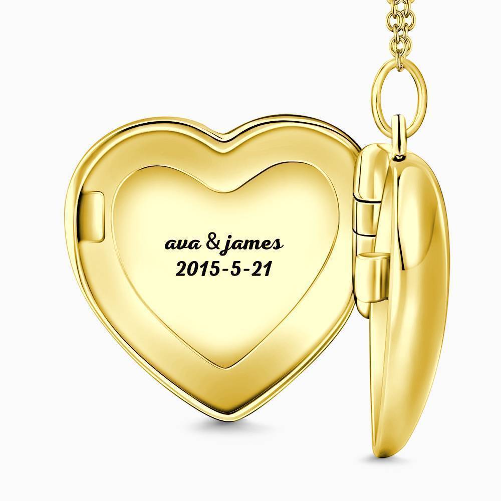 Custom Photo Heart Locket Gold Necklace with Engraving