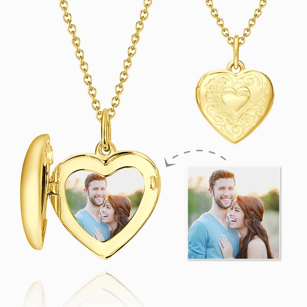 Custom Photo Heart Locket Gold Necklace with Engraving