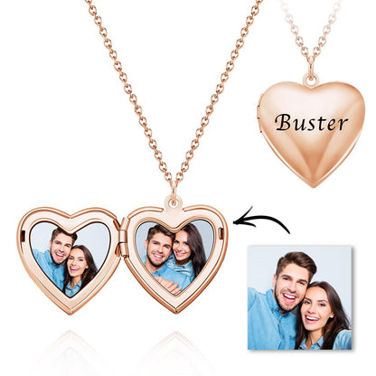 Custom Photo And Text Heart Locket Necklace with Engraving